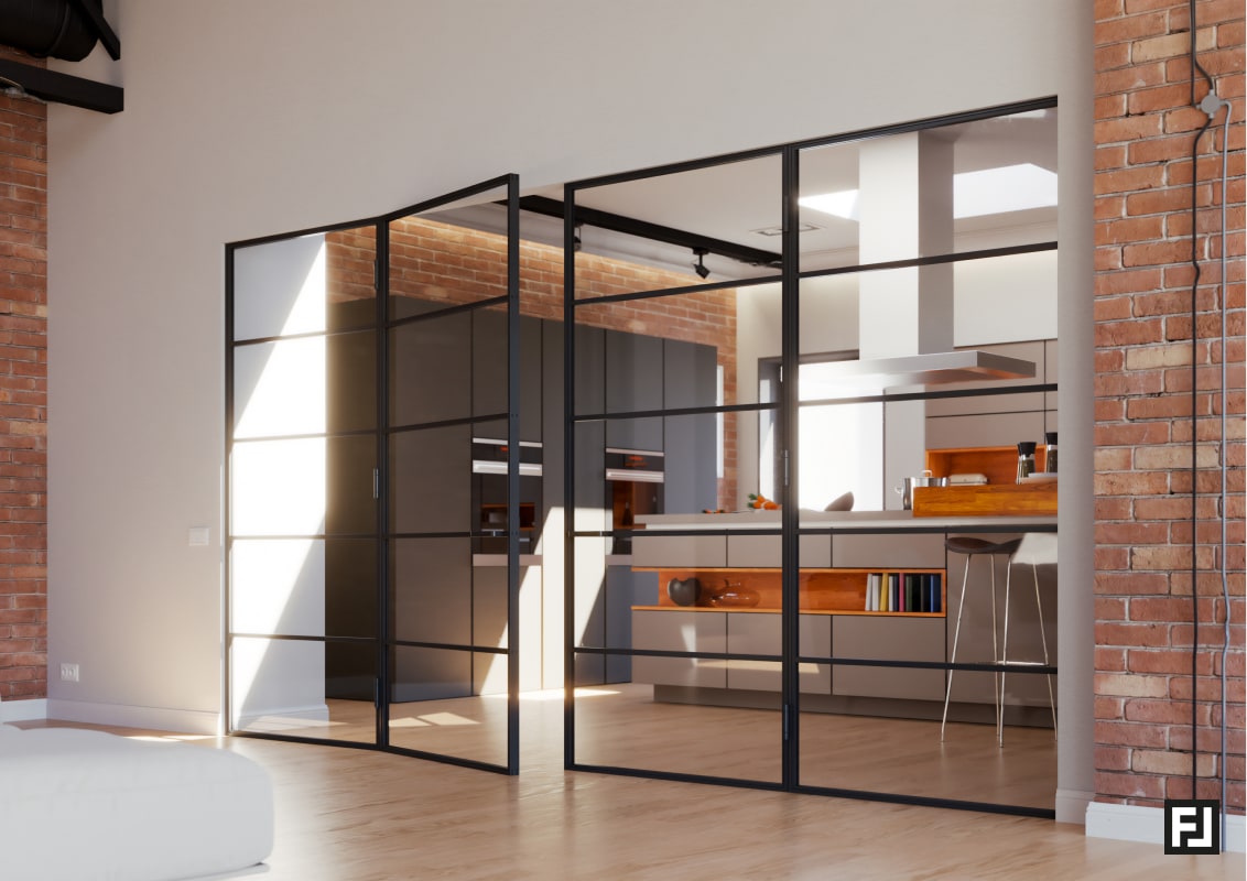 Drehtur 2 flg. zeitlos festelemente 4 sprossen klarglas schwarz ral 9005 matt feinstruktur c griff mit magnetverriegelung